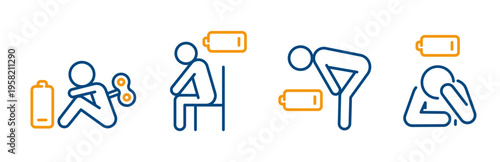 tired human icon set, chronic fatigue person, man with low charge, mental fatigue, tired person, outline editable icons