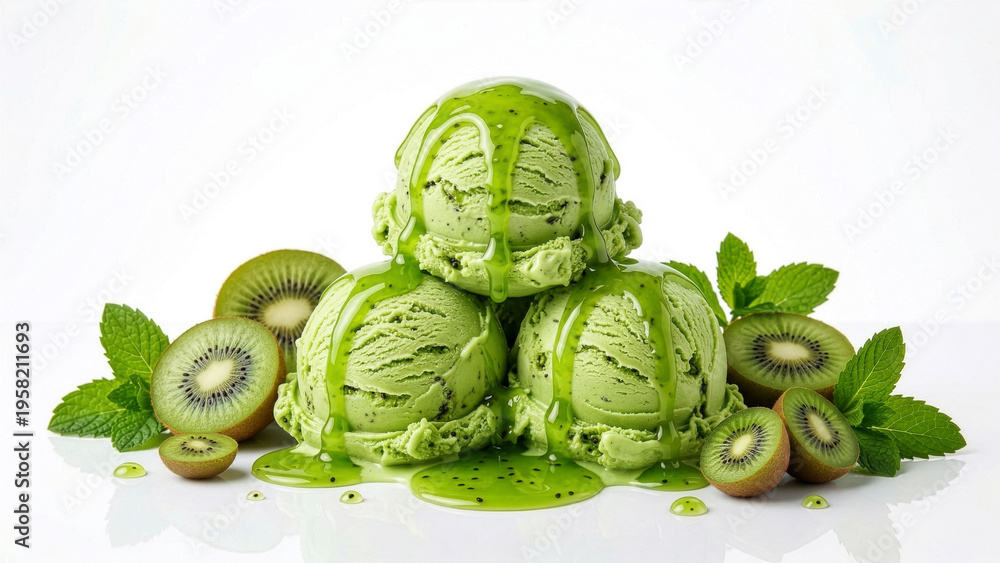 Fototapeta premium Three Scoops of Kiwi Ice Cream with Green Sauce Drip, Fresh Kiwi Slices and Mint Leaves on White Background Commercial Fruit Dessert Food Photography