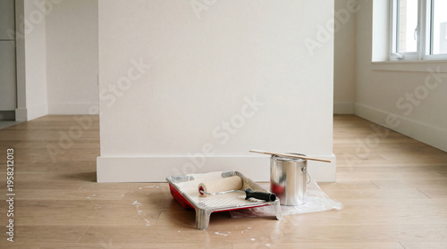 New beginnings unfolding as a paint tray and roller rest on light wood floors ready for a room transformation