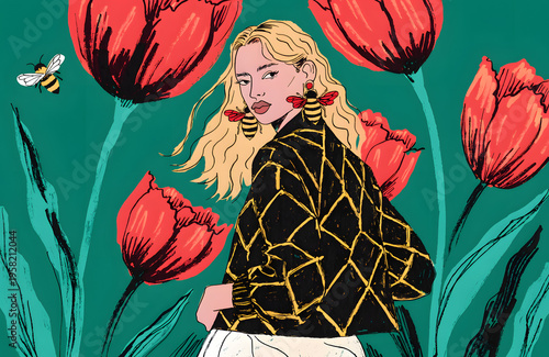 a girl on background consists of several large red tulips