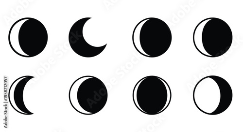 Black and white illustration depicting the eight phases of the lunar cycle