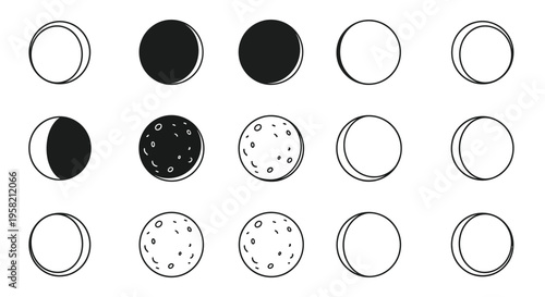 Black and white illustration depicting various phases of the moon