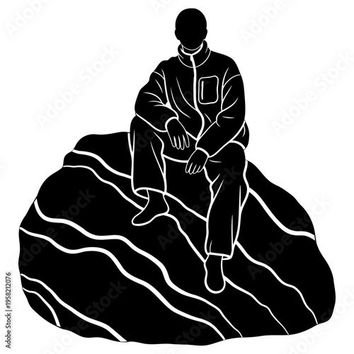 Description (135 chars):
Black silhouette person meditating or sitting on stylized wavy mountain, vector icon for mindfulness, nature connection, peace, solitude and contemplation. Ideal for wellness 