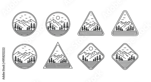 Minimalist mountain landscape emblems and badges in various geometric shapes