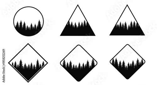 Geometric shapes with silhouetted forests inside circles triangles and diamonds