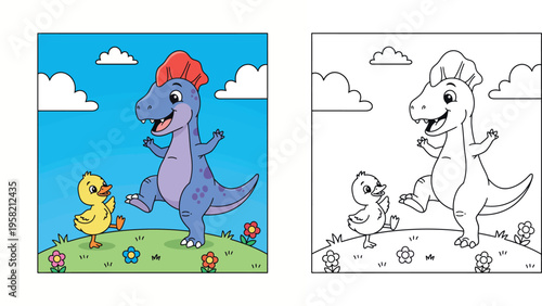 Cute cartoon blue dinosaur and small yellow duck dancing happily in a flowery green meadow under a blue sky, vector illustration