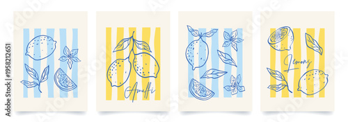 Set of citrus fruits italian posters. Amalfi. Summer print with hand drawn lemon, leaves and flowers in whimisical blue lines. Mediterranean aesthetics. Vector design for card, banner, menu, cover.
