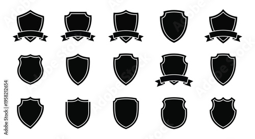Collection of black shield emblems with ribbon banners decorative heraldic designs