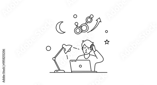Late-night work raising cortisol. Young man working late at night feeling stressed with computer and desk lamp
