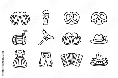 Beer Festival and German Food Outline Icons for Oktoberfest Event Design