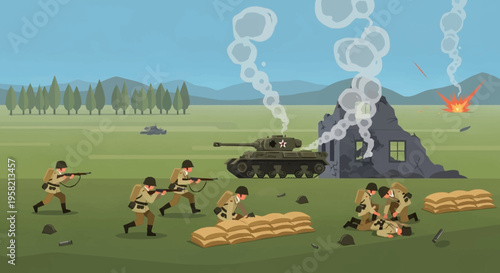 A scene depicting a historical battle with soldiers advancing and a tank in a pixelated art style, representing combat