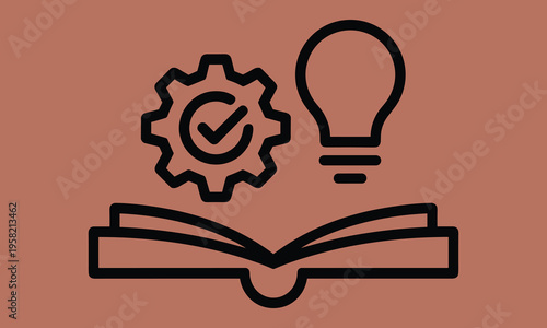 Open book with gear and lightbulb icons representing knowledge and innovation on a muted background
