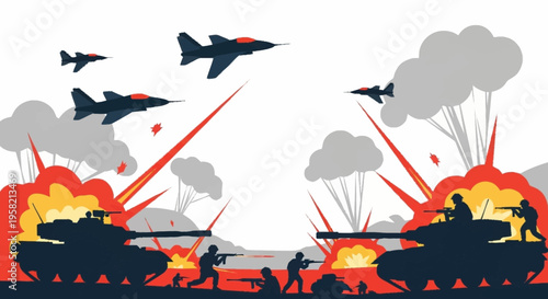 Warfare clash of military tanks and fighter jets with explosions and soldiers in battle scene