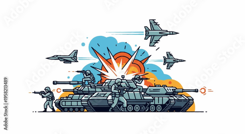 Military battle scene with tanks and fighter jets in action during an explosive conflict, depicting warfare and combat