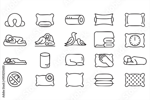 Sleep and Comfort Line Icons Featuring Pillow Mattress and Rest Positions