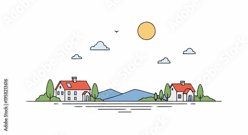 Minimalist rural village landscape illustration featuring charming houses, lush trees, gentle rolling hills, and a bright sun under a serene, clear sky with clean lines