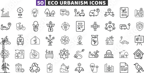 Eco urbanism and smart city line editable icon set. Vector outline green energy and ecology symbols