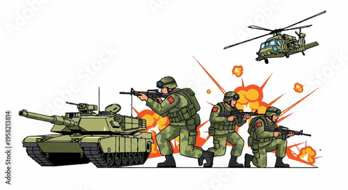 Military vehicles and soldiers in action with explosions and helicopter support