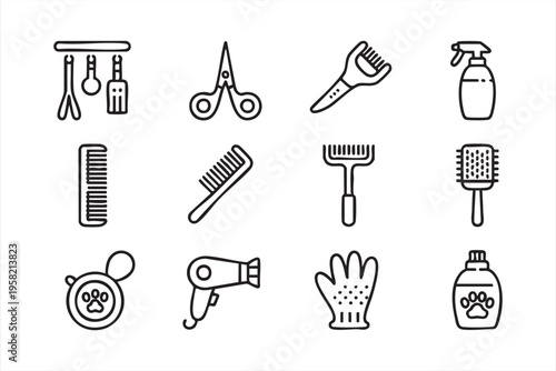 Pet Grooming Line Icons with Hair Care Tools and Salon Equipment