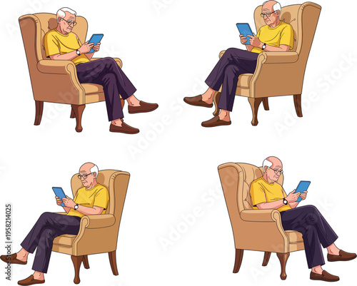 Senior bald man sitting in a comfortable armchair using a digital tablet for reading or browsing the internet illustration