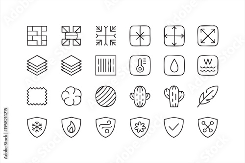 Fabric Material Properties Line Icons with Textile and Clothing Features
