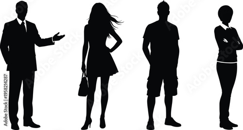Set of professional business and casual people silhouettes featuring man in suit woman in dress and boy in shorts vector