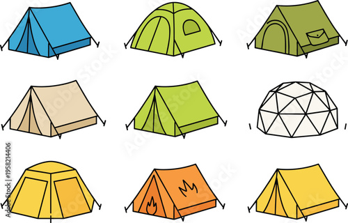 Set of colorful camping tent icons including dome tent tunnel tent and geodesic dome for outdoor adventure and summer vacation vector