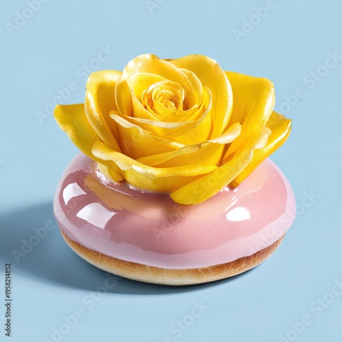 A golden-yellow rose blossoms from the center of a pink-glazed burger bun. Generative Ai