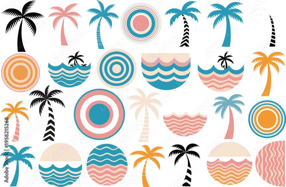 Obraz premium Set of decorative tropical elements featuring palm trees, abstract suns and wavy ocean patterns Vector