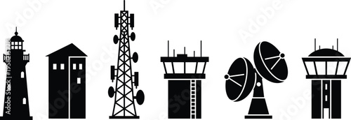Set of black silhouette icons representing communication towers, lighthouse, satellite dish, airport control tower, and urban infrastructure for industrial design