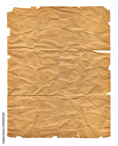 Heavily brown wrinkled paper sheet isolated on white