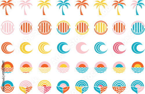Collection of colorful tropical summer icons featuring palm trees waves suns and geometric shapes Vector