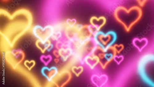 Vibrant neon hearts with soft glowing outlines in pink, orange, yellow, blue float and shimmer on dark background, creating dynamic, romantic bokeh, ideal for celebrations, Valentines Day,