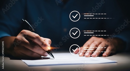 Person signing document with checklist hand paper