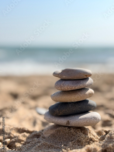 Serene Seaside Scene Featuring Orderly Pebbles And Warm Tones For Meditation