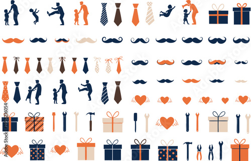 Collection of fatherhood and fathers day elements featuring silhouettes ties gifts and tools Vector