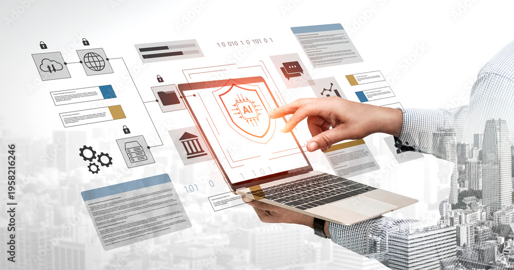 Obraz premium A hand reaches out to interact with an AI security shield displayed on a laptop, symbolizing advanced technology and cybersecurity concepts against a city backdrop. Gantry