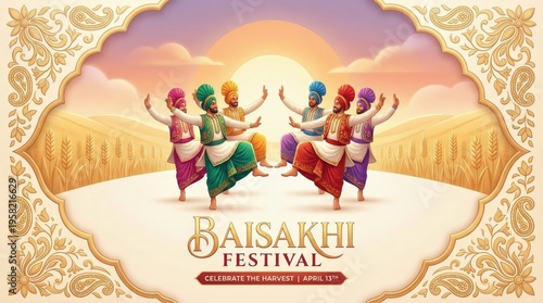 Group of Sikh men in colorful traditional attire dancing joyfully in a wheat field during Baisakhi festival celebration with a large sun and ornate border