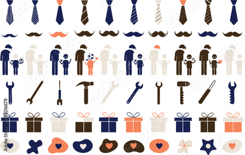 Collection of fathers day themed icons including ties mustaches figures tools and gift boxes Vector