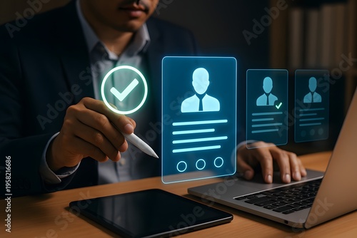 Businessman in a suit digitally selects a completed profile with a checkmark icon, indicating successful online applicant review or verification process.