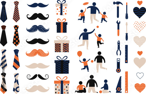 Collection of fathers day themed icons featuring neckties mustaches gift boxes and family activities Vector