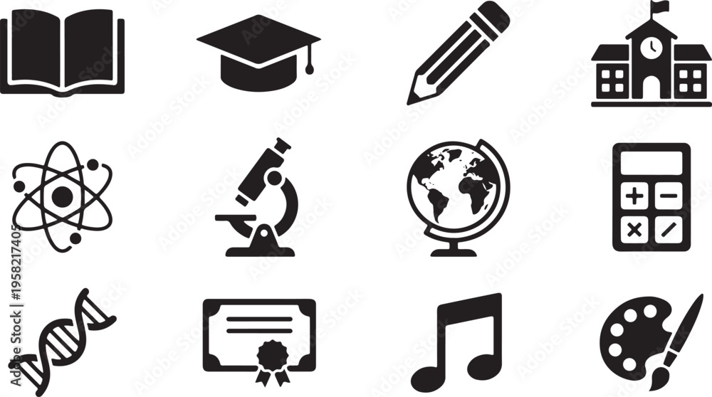 Fototapeta premium Minimalist Education Icons Grid Solid Black Vector Set Clean Monochrome School Symbols