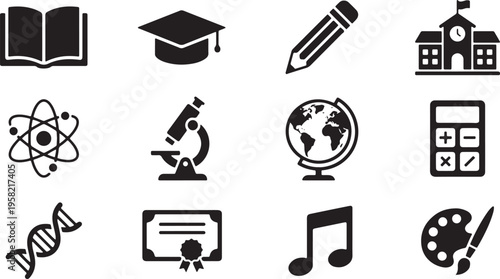 Minimalist Education Icons Grid Solid Black Vector Set Clean Monochrome School Symbols