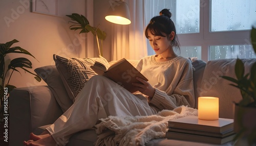 Young Asian woman relaxing at home, reading a book on the sofa in a cozy living room with warm lighting.