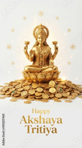 Golden statue of Hindu goddess Lakshmi seated on lotus amidst abundant gold coins and jewelry symbolizing prosperity and wealth on Akshaya Tritiya festival