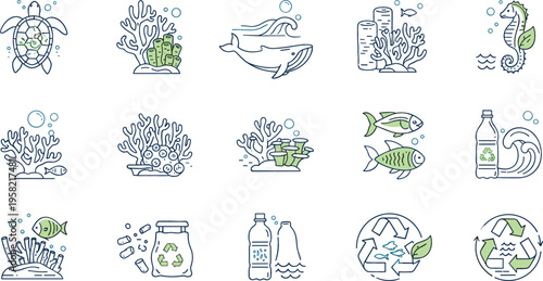 Ocean conservation vector icon set with marine animals coral reef recycling symbols plastic pollution and environmental protection flat line illustration collection