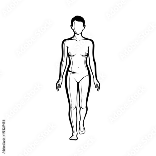 Minimalist black and white line drawing of a female figure standing with arms slightly extended