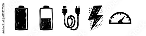 Battery, Charger and Plug Monochrome Icon Set. High quality stock illustration with clear subject focus, cohesive composition, and versatile commercial applicability across branding, editorial.