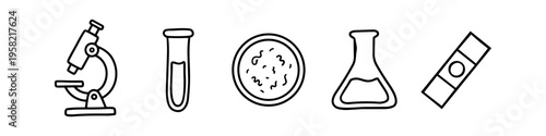 Microscope, Test Tube and Petri Dish Monochrome Icon Set. High quality stock illustration with clear subject focus, cohesive composition, and versatile commercial applicability across branding.