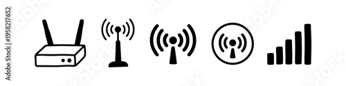 Router, Antenna and Signal Monochrome Icon Set. High quality stock illustration with clear subject focus, cohesive composition, and versatile commercial applicability across branding, editorial.